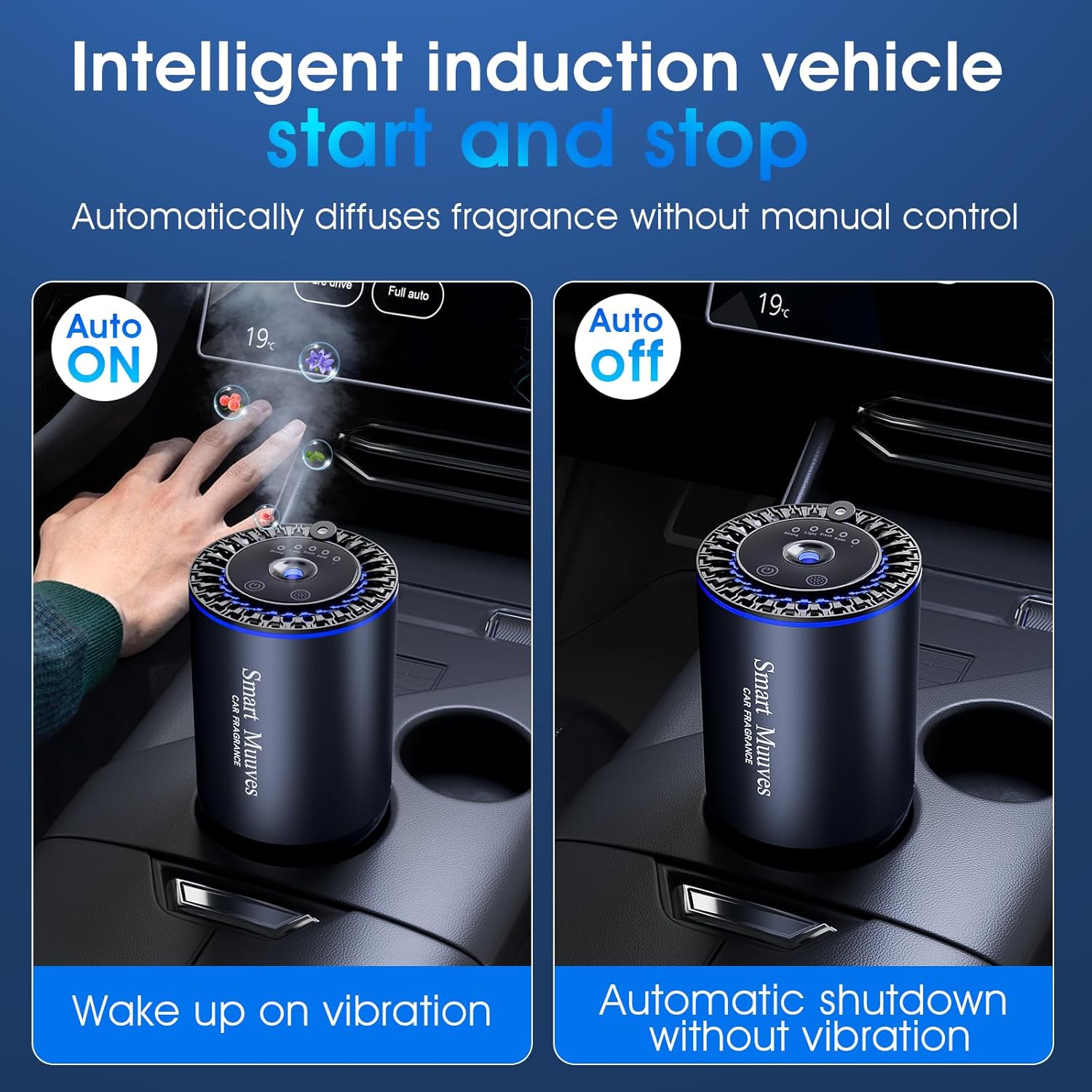 intelligent car air freshener, 3-gear essential oil car air freshener, auto on/off -safe for maternal and infant use,lasts 3 months,diffuser for new car, natural fragrance