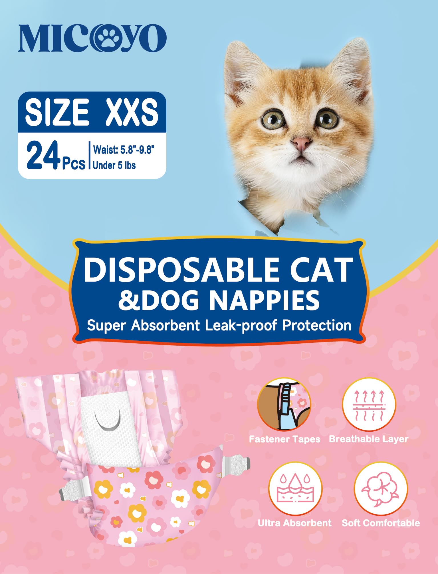 Couches jetables pour chat anti-fuites et super absorbantes taille XXS rose