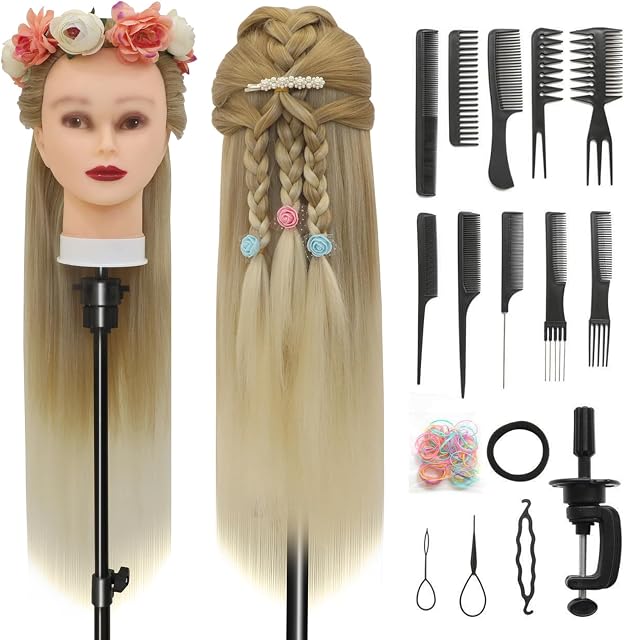 Styling Head 28 inch Hairdresser Training Head 100% Synthetic Fiber Hair Styling Head, Training Head Hairdressing Head with Free Clamp and DIY Braiding Set (27-613)