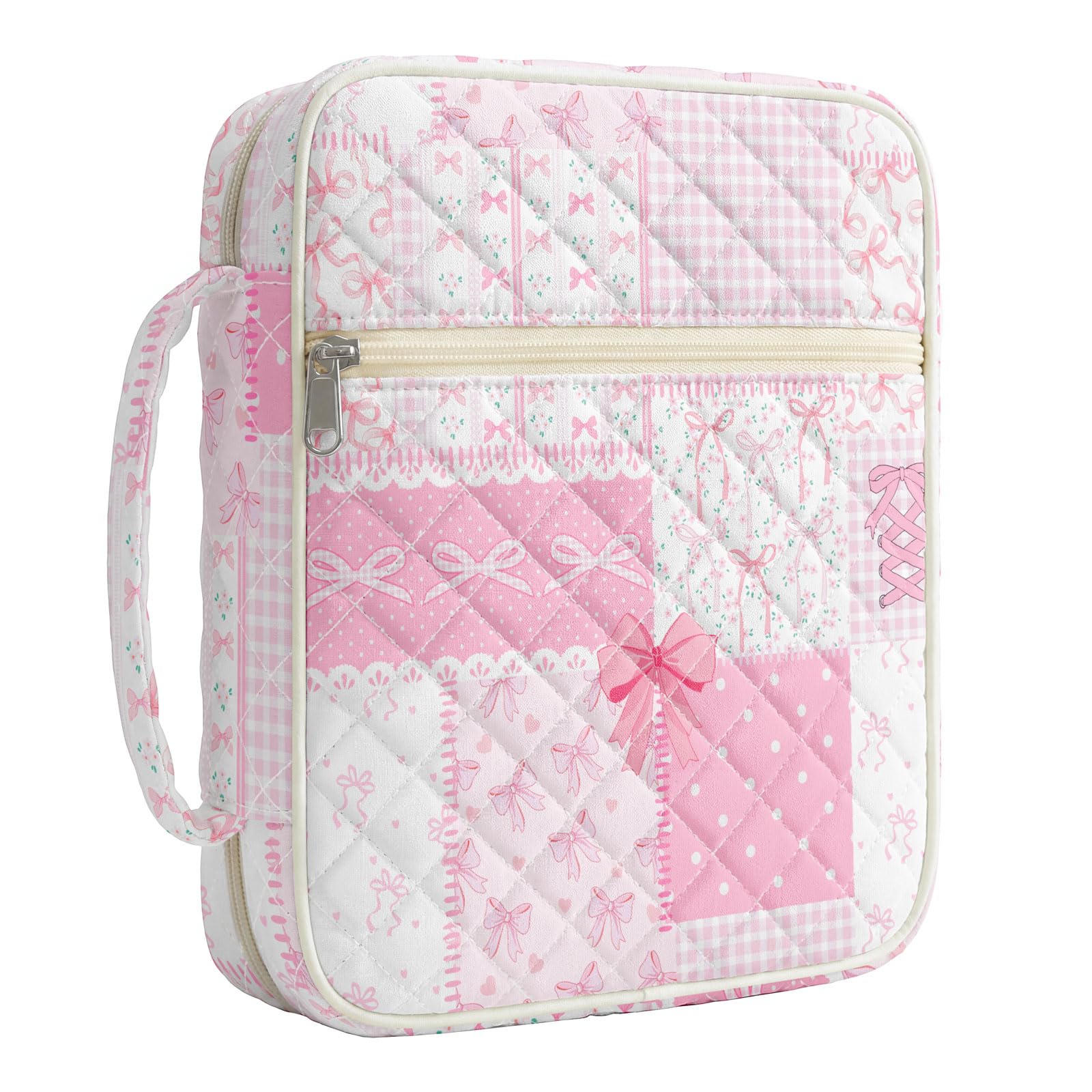 WOBAGMEN Bible Cover Case for Women,Large Bible Tote Bags Organizer Quilted Carrying Case for Girls,Bible Study Supplies Accessories Christian Gifts for Women (Pink Bow Pin, M)