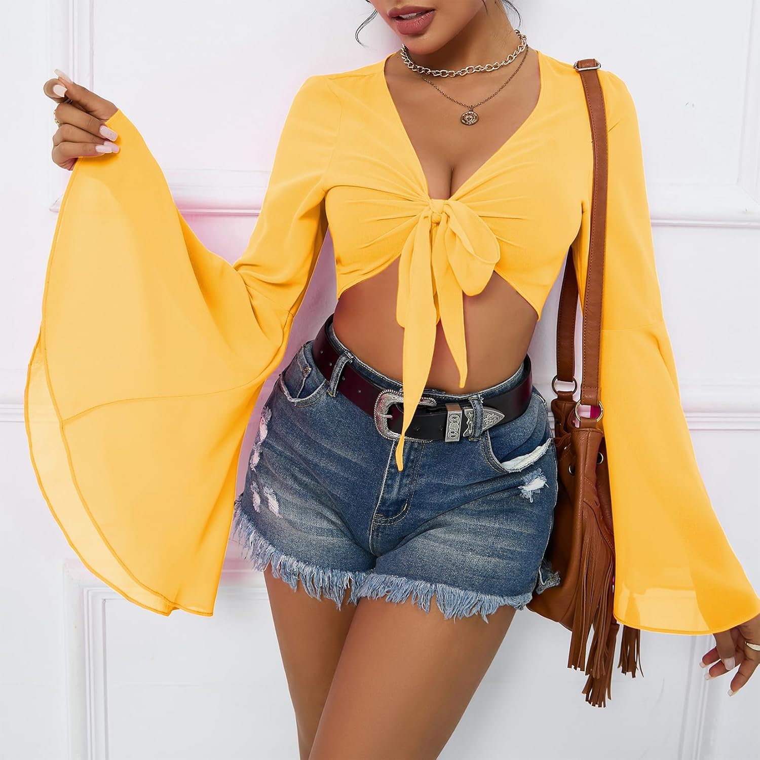 Mesh Tops for Women Bell Sleeve Rave Outfits Tie Front Crop Top Long Sleeve Shirt Sheer Blouse Festival - Image 3