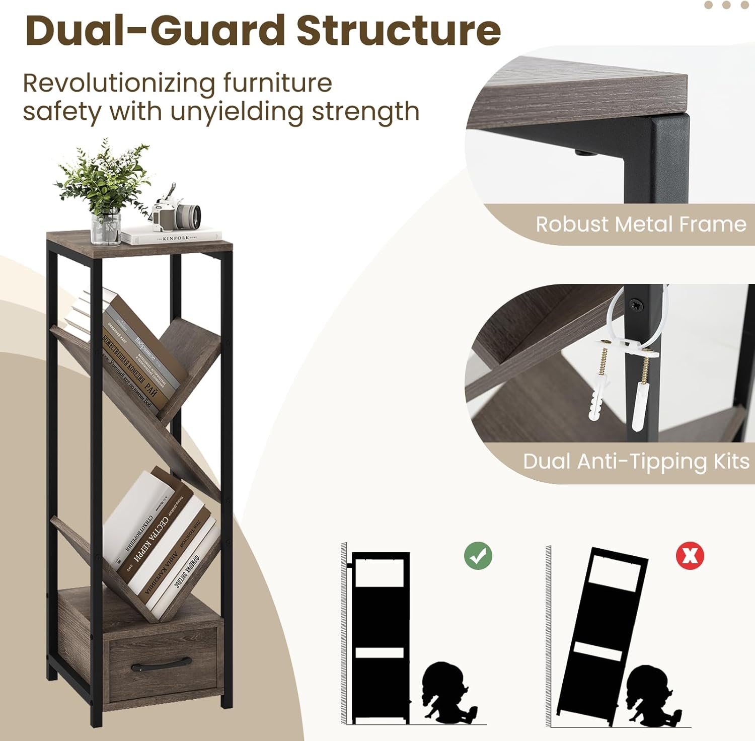 Giantex Tree Bookshelf with Drawer, 4-Tier Narrow Bookcase with Metal Frame, Tall Floor Standing Storage Organizer for Small Space, Wooden Display Shelves for Living Room, Bedroom, Study (1)