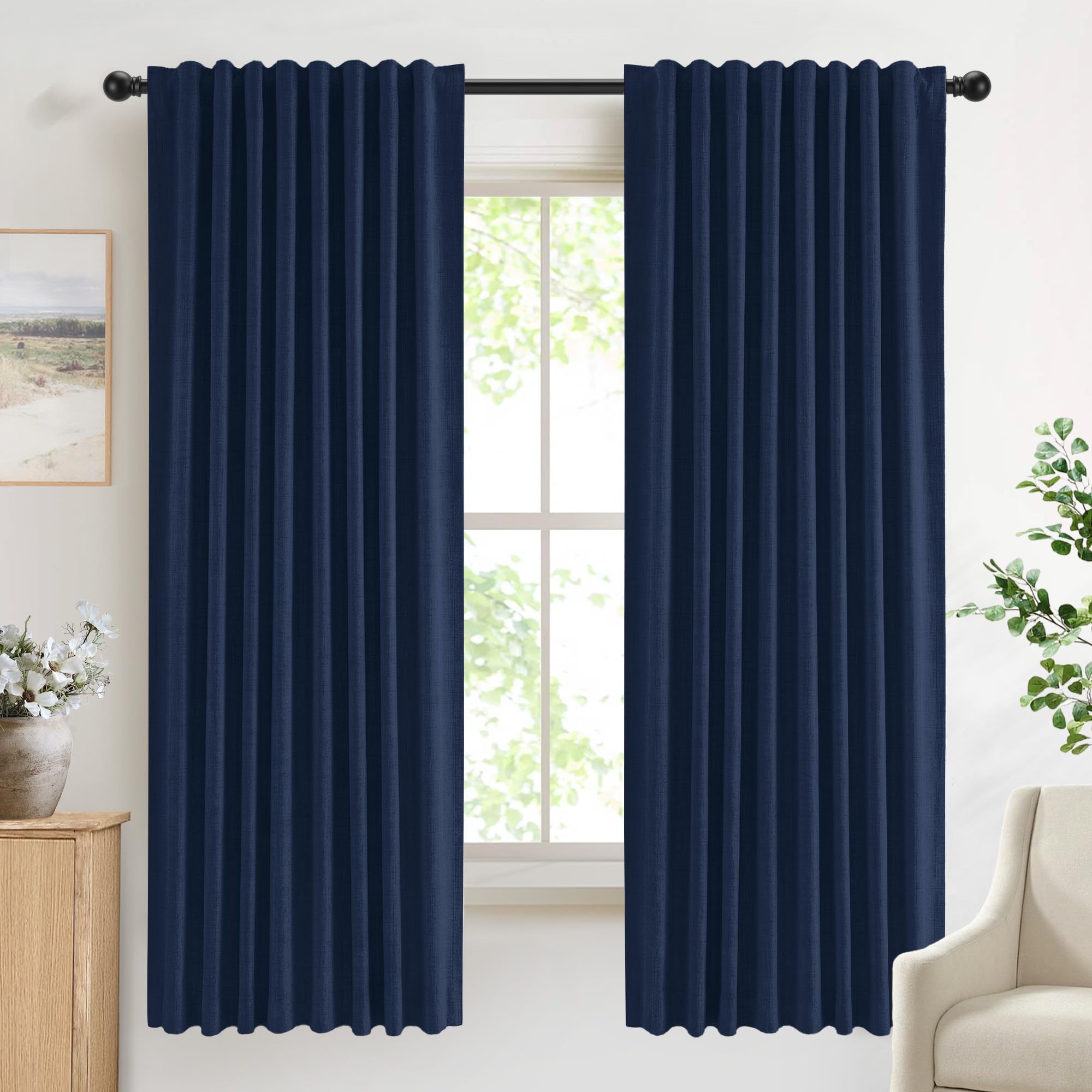 DEFYNEE 100% Blackout Curtains for Bedroom, 50 x 72 Inch Drop, Back Tab/Rod Pocket, Thermal Insulated Curtains with Coating Back Layers, for Room Darkening Privacy Protection, 2 Panels, MidnightBlue — image 1