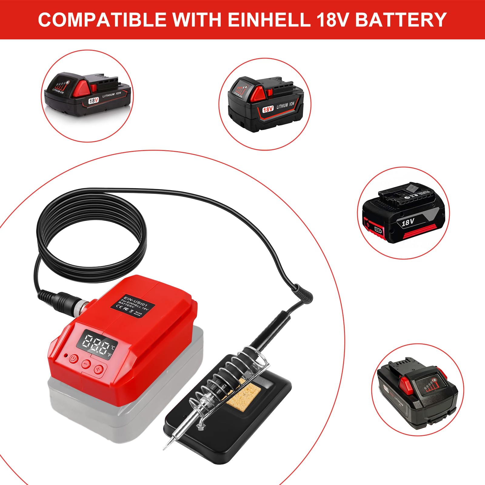 Asfrode Lötkolben für Einhell 18V Li-Ionen Akku, 60W LCD Einstellbar Temperatur 180-480°C Cordless Lötkolben mit Lötdraht 50g Tragbares Lötkolbenständer Work für Einhell Power X-Change