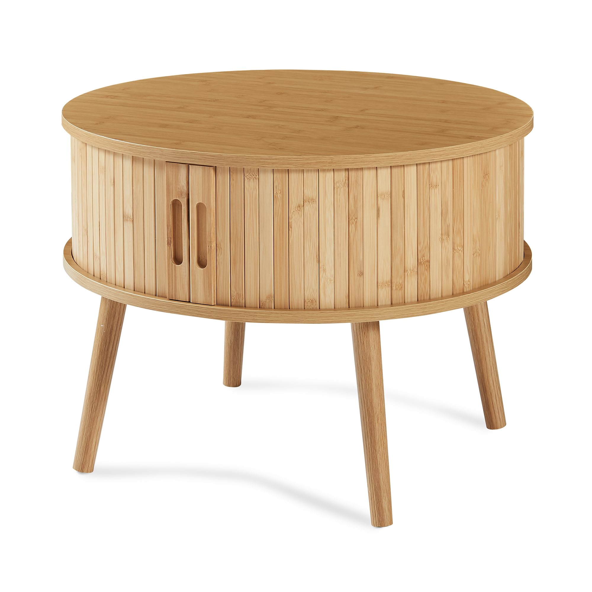 [en.casa] Mesilla de Noche Nordkapp en Forma Cilíndrica 1 Compartimento Cerrado Mesa de Noche con 2 Puertas Correderas Mesa Auxiliar para Oficina Sala Bambú Madera 45xØ60cm - Natural