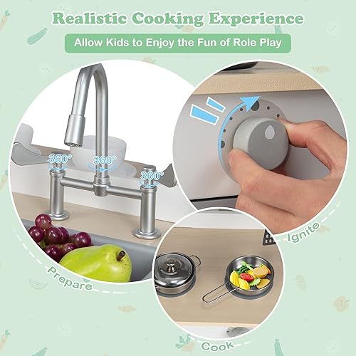 Miniatura 4 de GLACER Cocina de juego 2 en 1, juguetes de juego de simulación de doble cara, juegos de cocina y mesa auxiliar con accesorios de cocina, microondas,