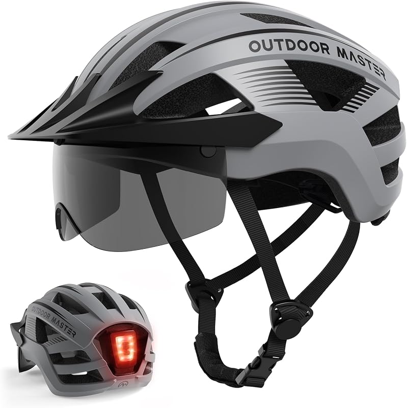OutdoorMaster Adult Bike Helmet LED Light & Magnetic Goggles | Rechargeable Rear LED Light, Detachable Magnetic Goggles, Removable Sun Visor, Breathable Padding, Lightweight, Fit Well