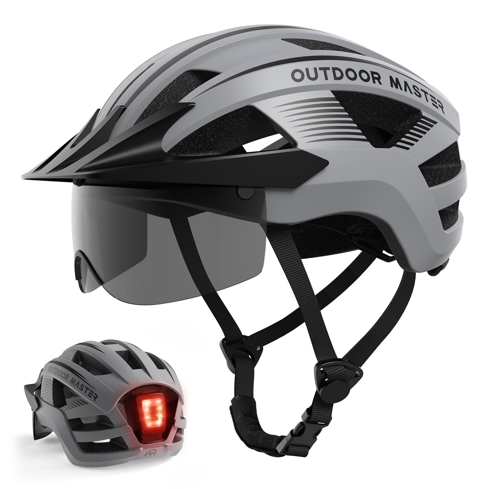 OutdoorMaster Adult Bike Helmet - Bicycle Helmet with Rechargeable Rear LED Light, Detachable Magnetic Goggles, Removable Sun Visor - Suitable for