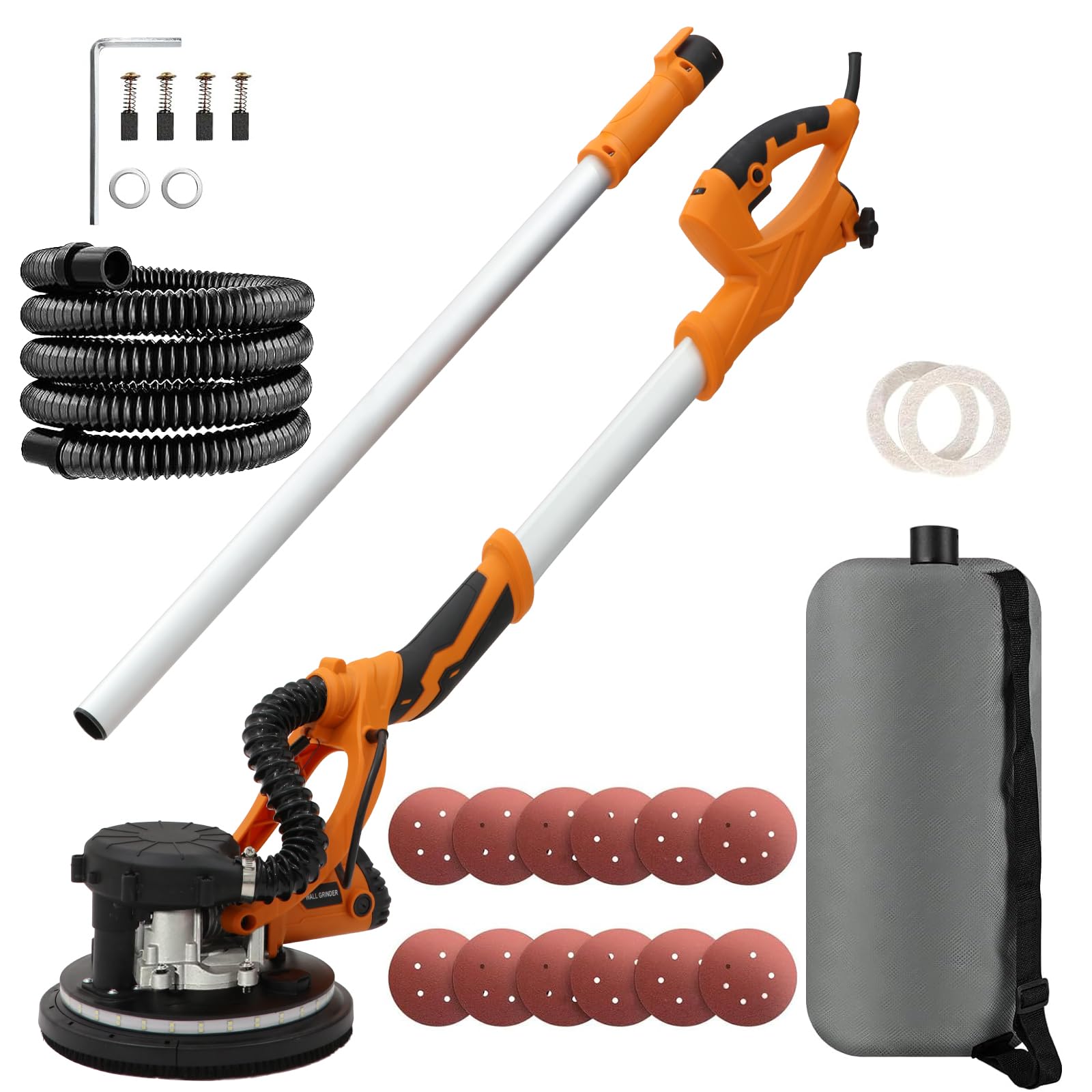 Lijadora Pared y Techo, 1250W, 5 Velocidad Ajustable (800-1800 rpm), Lijadora para paredes con aspirador, Mango Extensible,LED, Con Bolsa Colectora de Polvo