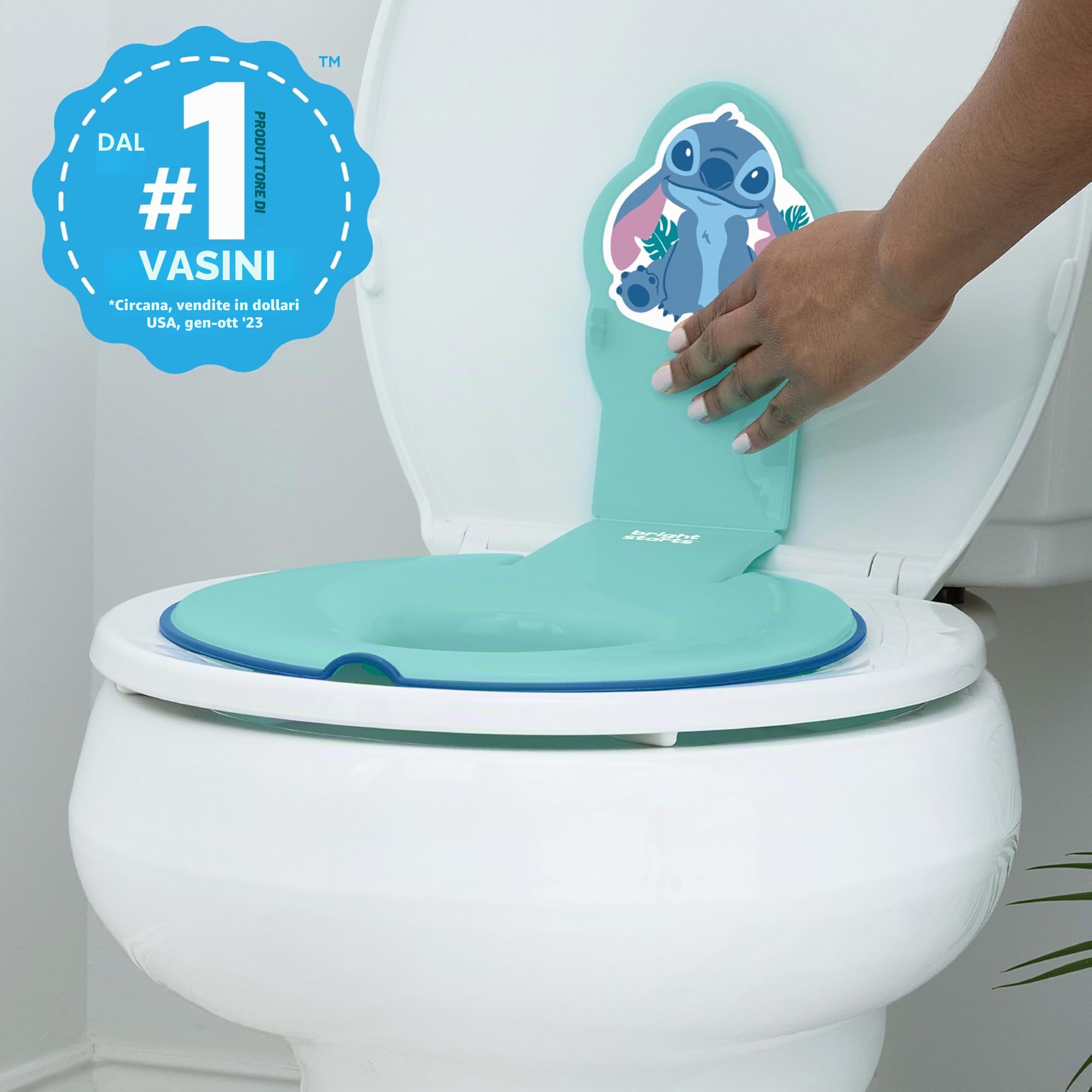 Bright Starts, Disney Baby Stitch Flip & Sit Riduttore WC Bambini, Sedile WC Sicuro con Maniglie Antiscivolo, Facile da Montare, Da 18 Mesi, Blu