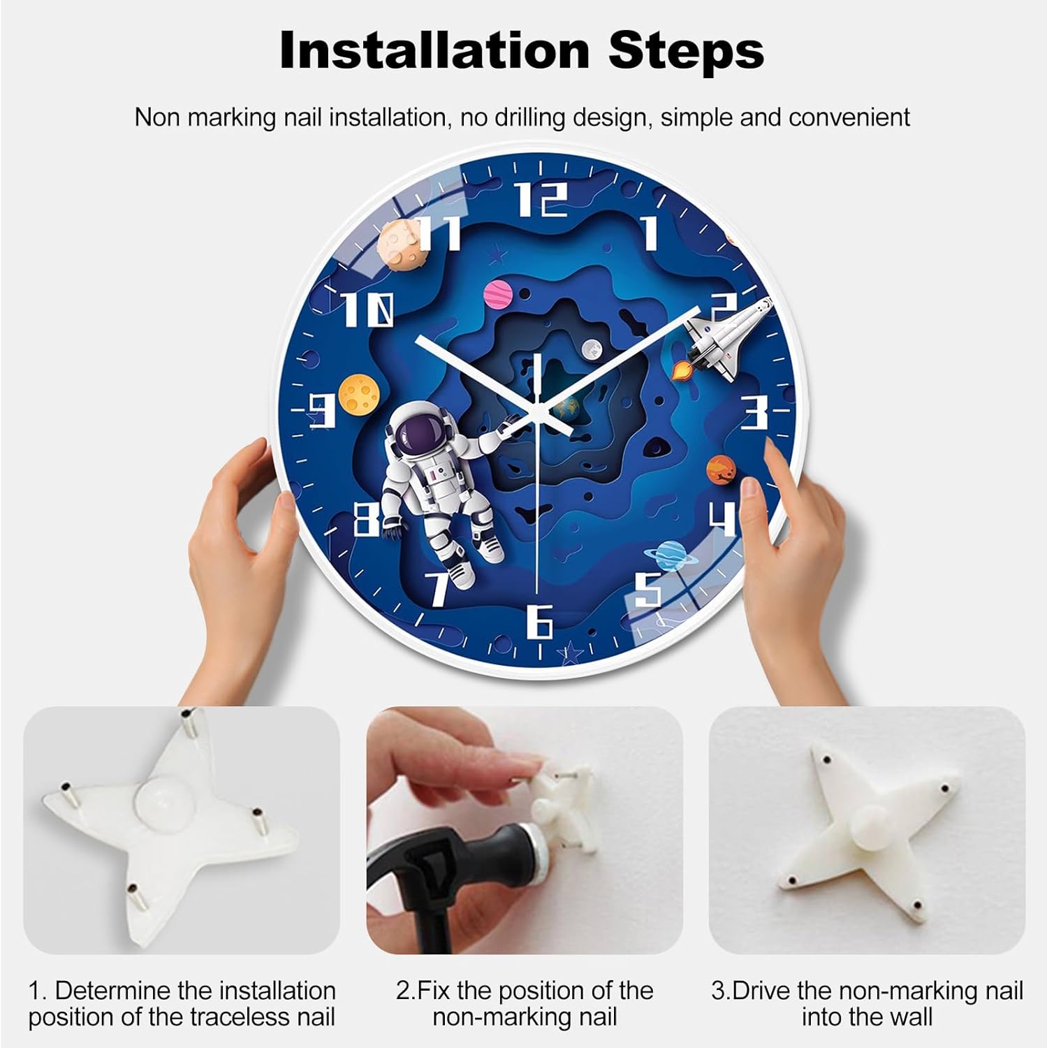 Ergocar Astronauts Wall Clock, Children's Wall Clock Space Travel Style Battery Power Supply is Easy to Read Suitable for Children's School