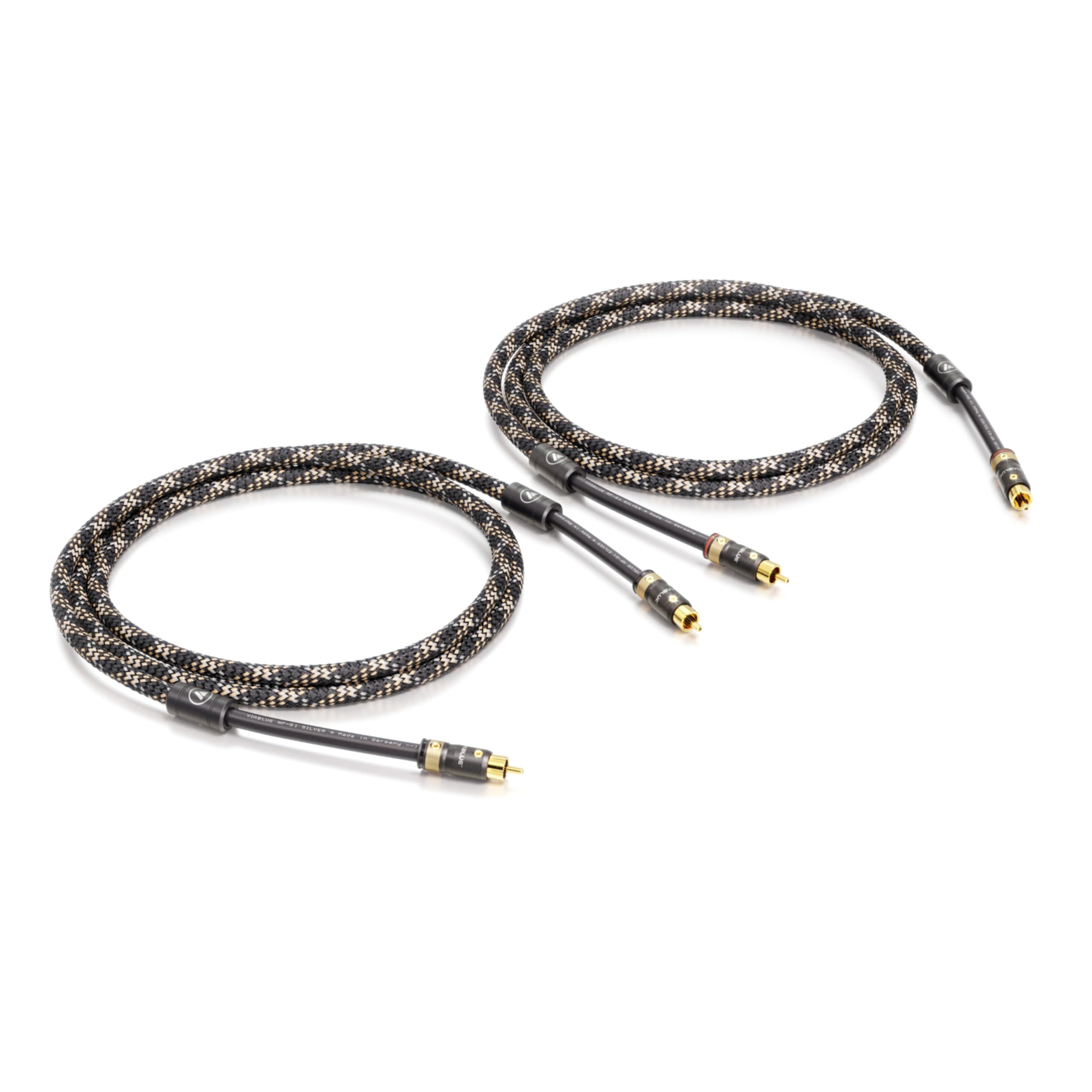 VIABLUE NF-A7 Triple Shield - Cable RCA (cable analógico, cable de audio, apantallamiento de 3 vías, hilos OFC, conectores RCA T8, divisor NF-A7, 1 par de 500 cm x 5 m)