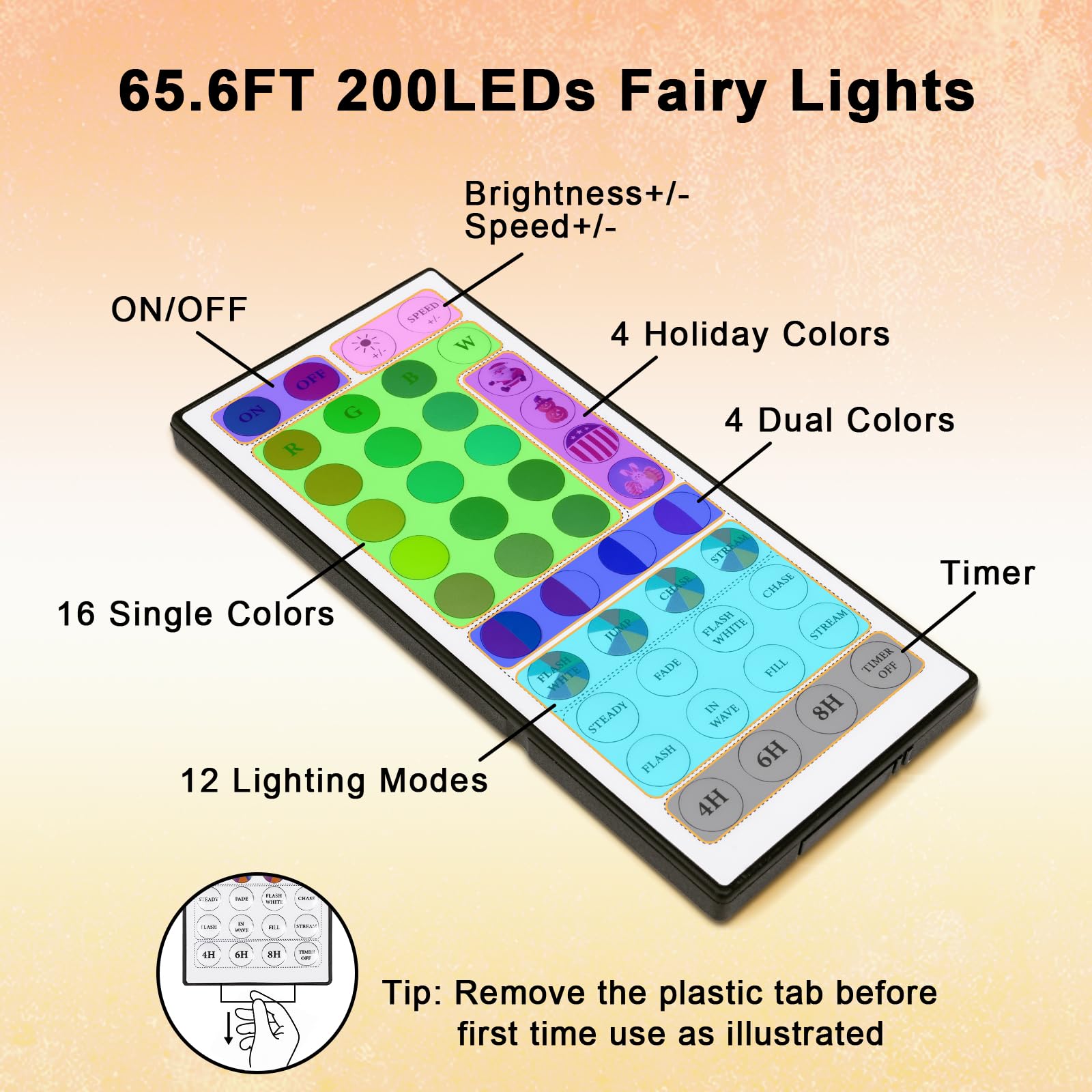 Guirlande lumineuse 200 LED avec télécommande, 196 modes, 24 couleurs changeantes, vitesse réglable, étanchéité IP65, pour arbre, fête, mariage, festival, décoration de chaises de chambre à coucher