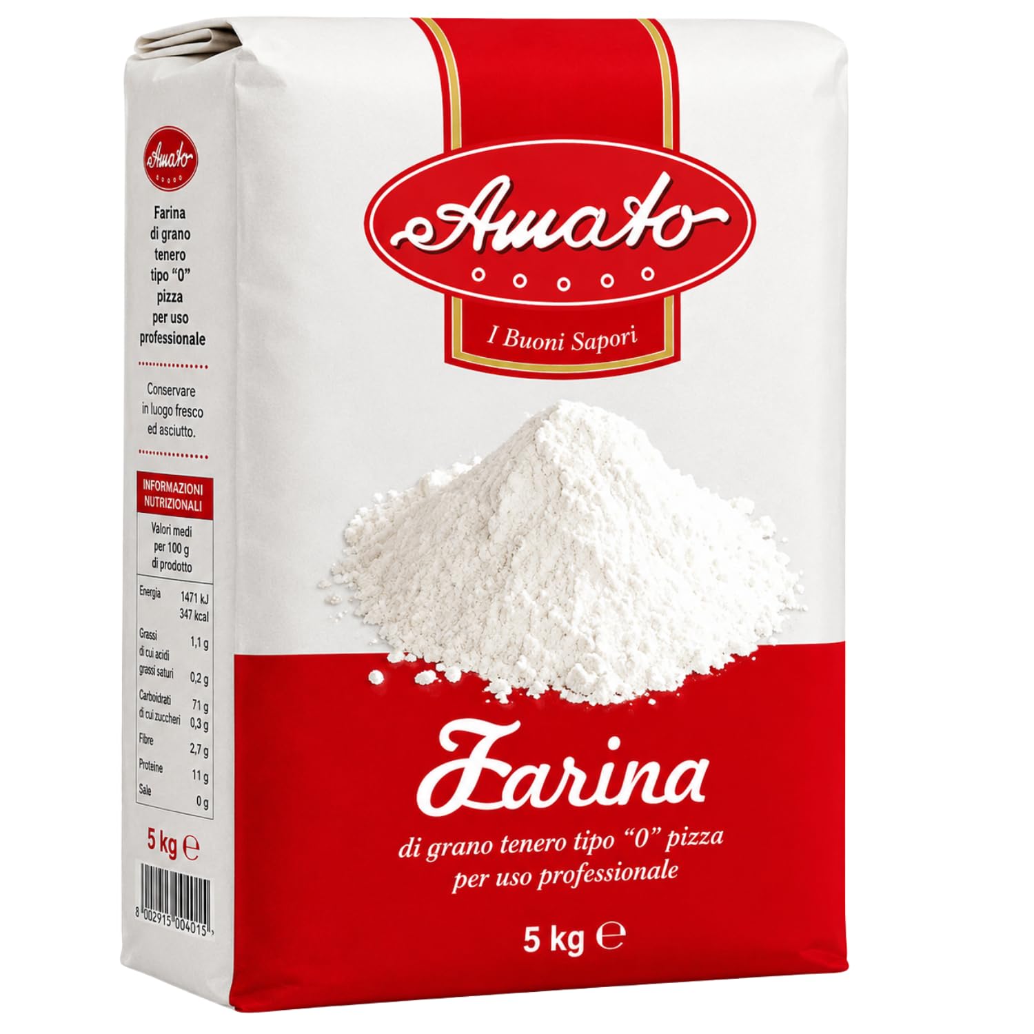 Amato Farina Pizza Tipo 0 5 kg, Farina di Grano Tenero per Pizza, Pane, Focaccia e Lievitati, Ideale per Impasti Professionali, Confezione Multipla da 4/8/12 Pezzi (12 PEZZI)