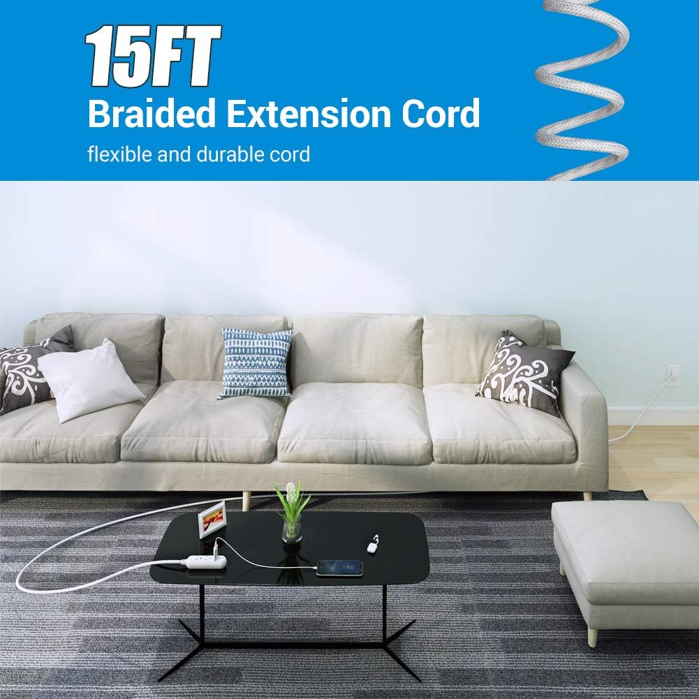 DEWENWILS 15-foot braided extension cord in a living room setting