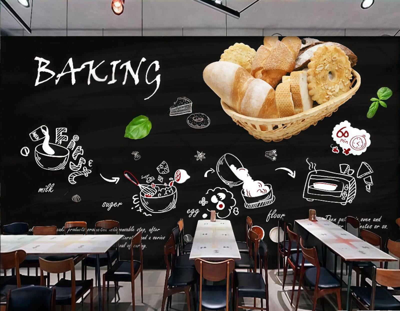 Xdoubao 3D Wallpaper Blackboard Hand-Painted Baked Bread Cake Shop Shopping Mall Afternoon Tea Western Restaurant Background Wall Wallpaper Coffee Shop Mural,,150X105cm