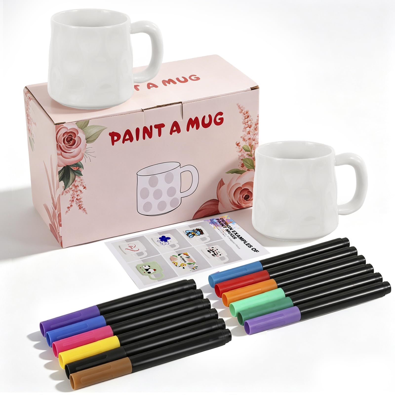 Paint Your 0wn Mug, Pottery Painting kit, Including 2 Blank Convex Texture Ceramic Mugs, 12 Ceramic Paint Pens, A Instructions, Mug Painting Kit for Adults, DIY Christmas/Valentine's Gift