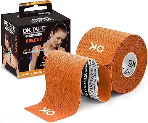 Miniatura 22 de OK TAPE - Cinta de kinesiología (20 tiras precortadas), sin látex, impermeable, cinta deportiva para aliviar el dolor, da soporte y estabilidad a
