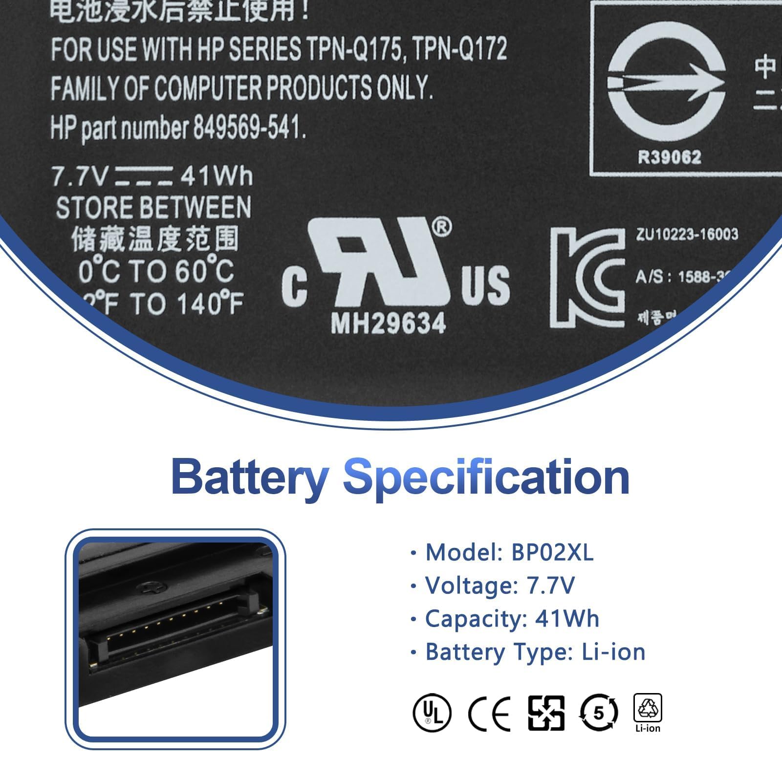 Batería portátil ANTIEE BP02XL para HP Pavilion 15-AU000 15Z-AW000 | 7,7V 41Wh, compatible 849909-850 849569-421 BP02041XL TPN-Q172, apto 15-AU010WM 15-AU018WM