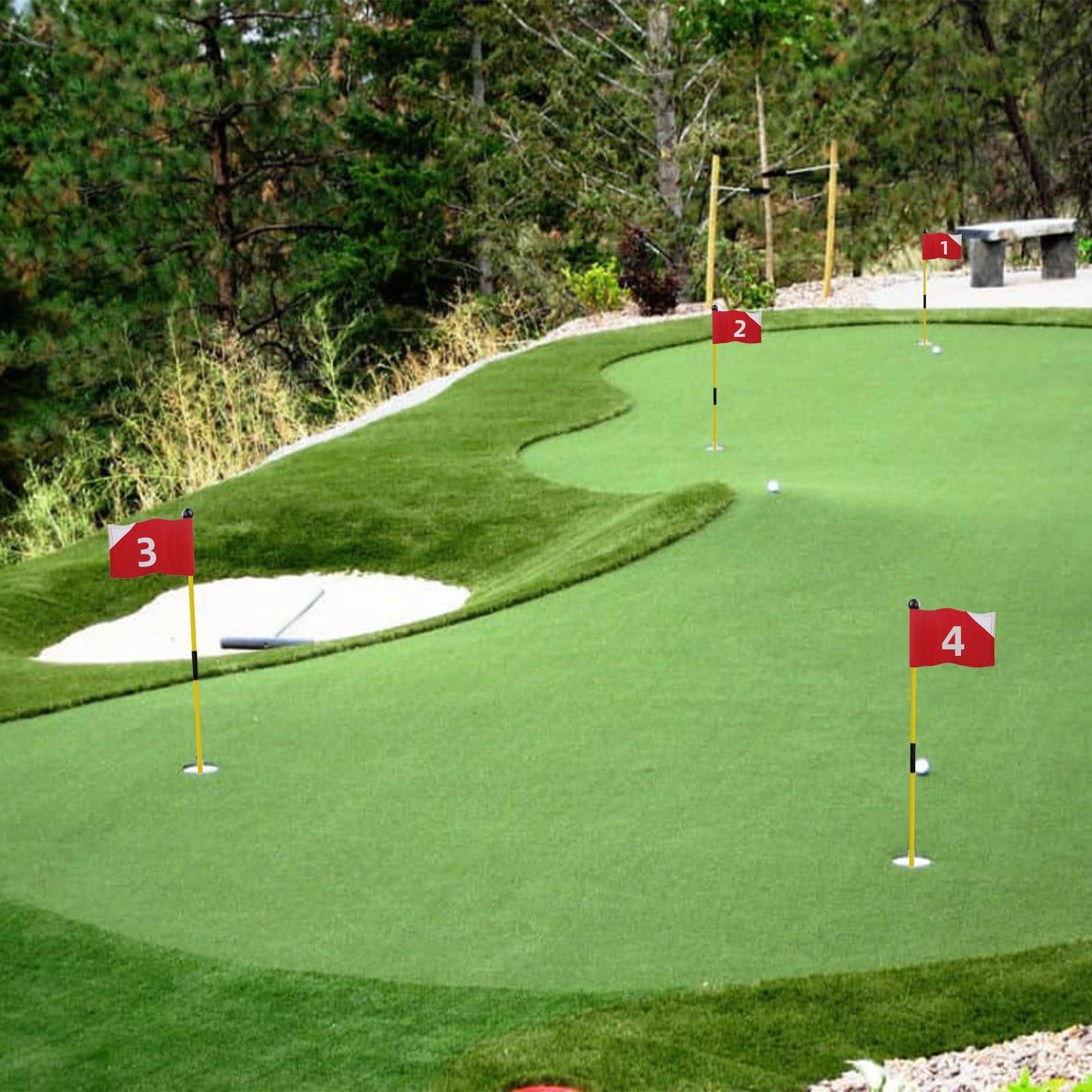 KOFULL Banderas de Golf con Banderas Rojas numeradas del 1 al 4, Palo de Bandera de Fibra de Vidrio, Juego de Tazas de práctica portátil, 4 Banderas con Bases de Copa Blancas