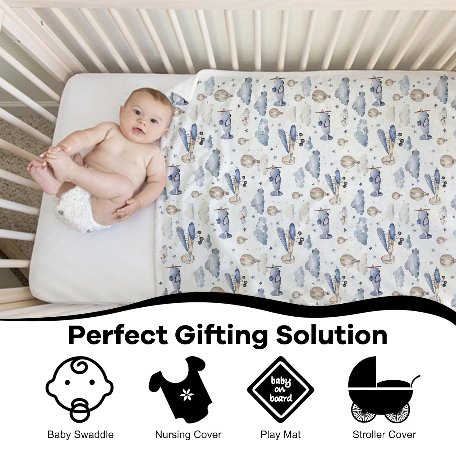 Plane Theme Clouds Hot Air Balloon Pattern Baby Diaper Changing Pad Cover and 40x50 Flannel Throw Blanket