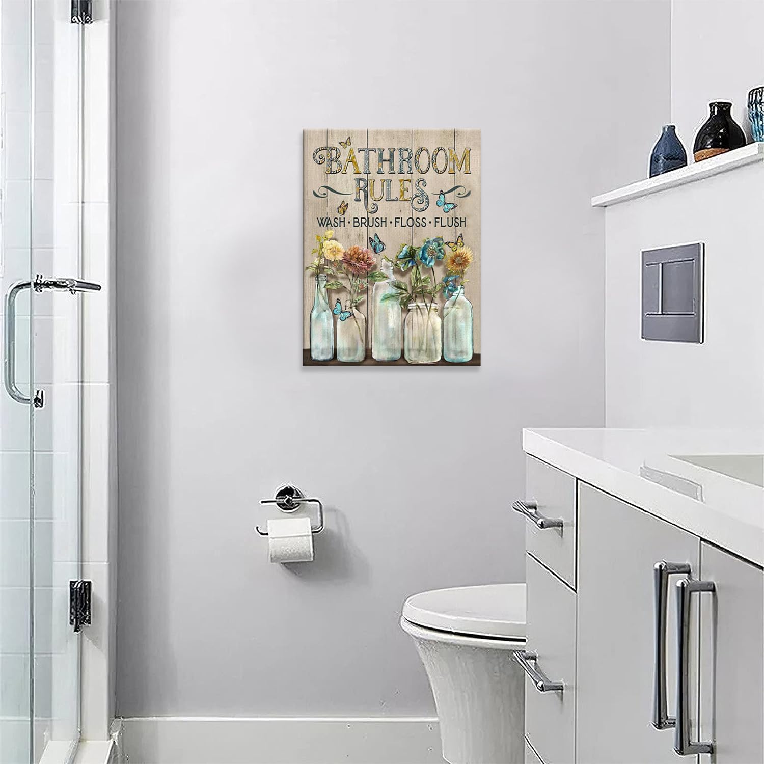 Shuweienphant Farmhouse Bathroom Wall Art Flower Butterfly Floral Pictures Wall Decor Bathroom Rules Mason Jar Canvas Painting Print Artwork Modern Home Decor Framed for Bathroom 16/inX20/in