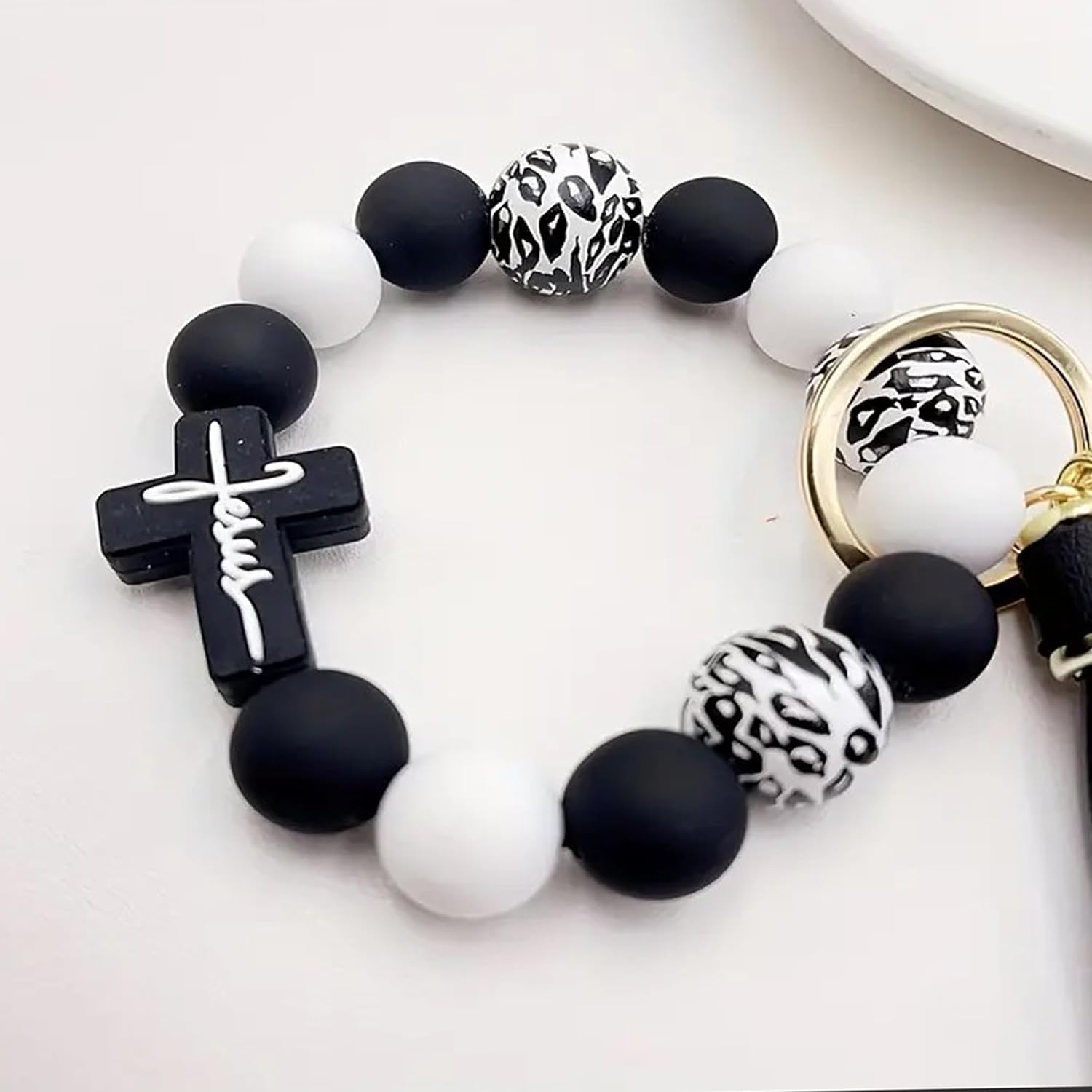 Wristlet Bracelet Keychain for Women,Silicone/Wood Cross Leopard Beaded Bracelet with PU Tassel,Clip Key Holder - Image 4