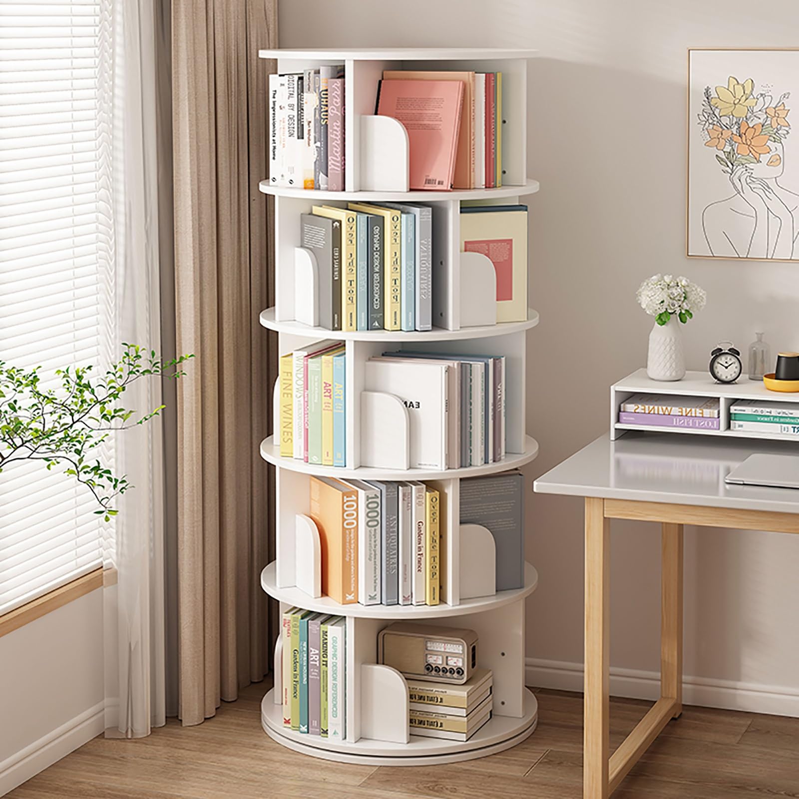 ASerZenith 360° Rotating Bookshelf White Multifunctional Office Storage Rack Vertical Decorative Shelf For Home & Office 45X160Cm - Stylish & Space-Saving Design,160Cm