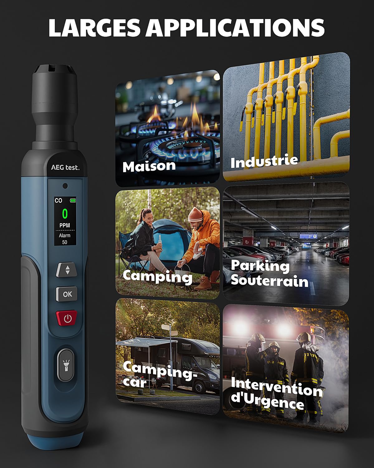AGT-2459 Détecteur de monoxyde de Carbone Portable, Rechargeable, 0~1000PPM, avec alarmes sonore/visuelle et écran Couleur TFT – pour Maison, Voyage, Industrie – Bleu