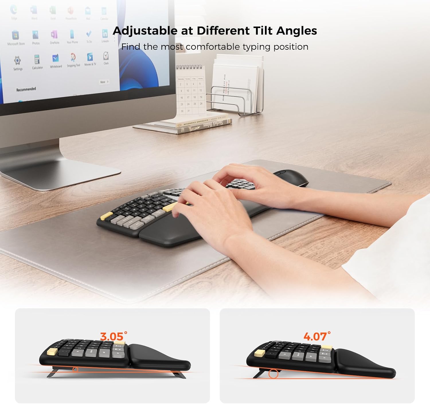 KYSONA Ergonomic Keyboard Mouse Wireless Combo, Full Size Bluetooth Split Keyboard with Wrist Rest, 4 Level DPI Ergo Mouse for Windows Mac OS Computer, Colorful Black