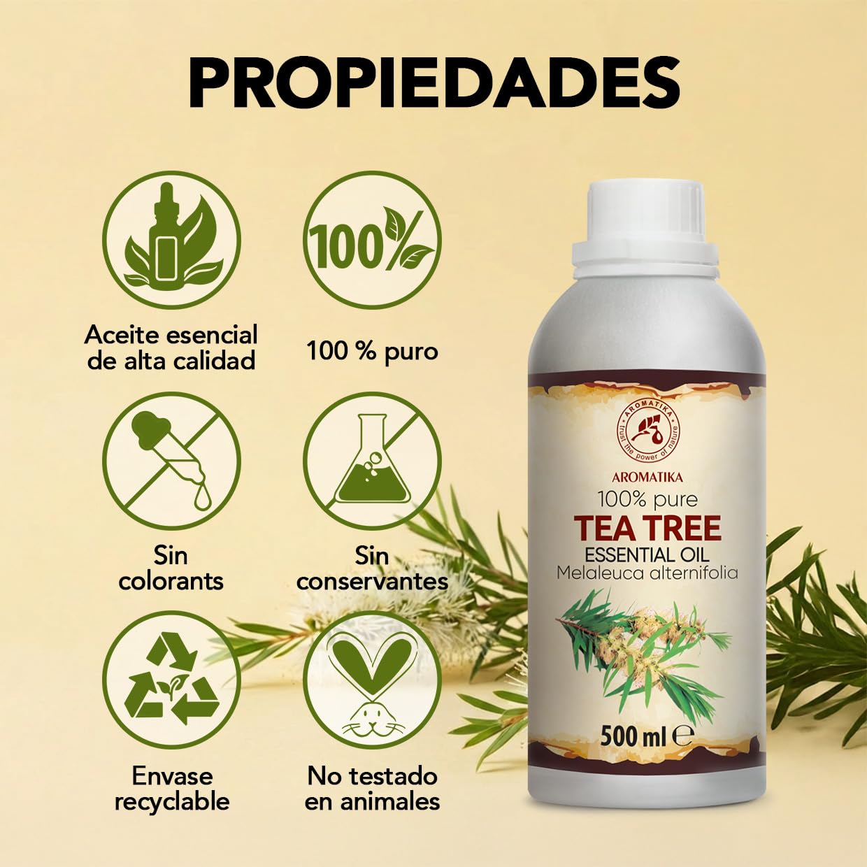 Aceite Esencial de Árbol de Té 500 ml - Melaleuca Alternifolia - Natural y Puro - Aceites Esenciales para Difusores - Fragancias para el Hogar - Jabones y Velas - Sauna - Aroma fresco - Aromaterapia