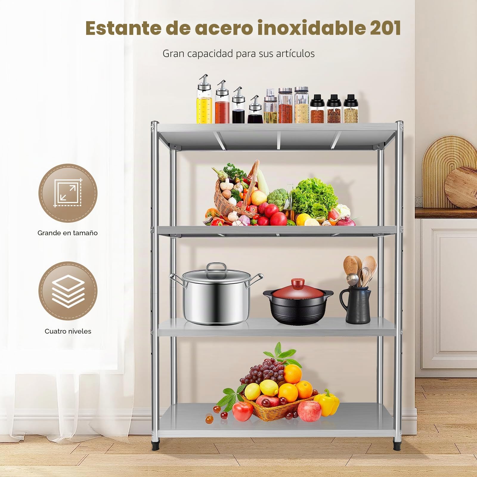 Estantería de acero inoxidable con 4 estantes, para cargas pesadas, 120 x 40 x 150 cm, de acero inoxidable, para cocina, de metal, de almacenamiento, para catering, altura regulable, hasta 50 kg