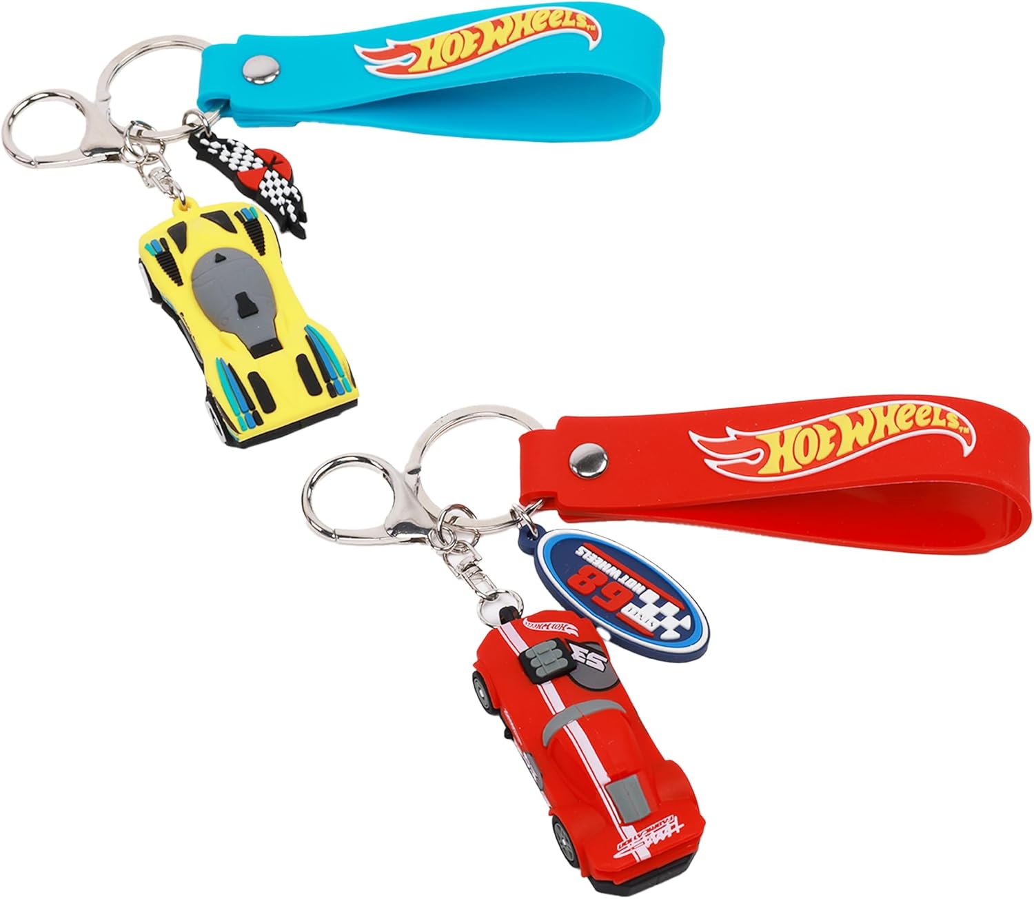 Concept One Hot Wheels 3D Car Keychain Set, Keyring Accessories for Bags and Backpacks, Charms with Silicone Logo Straps, Red and Yellow