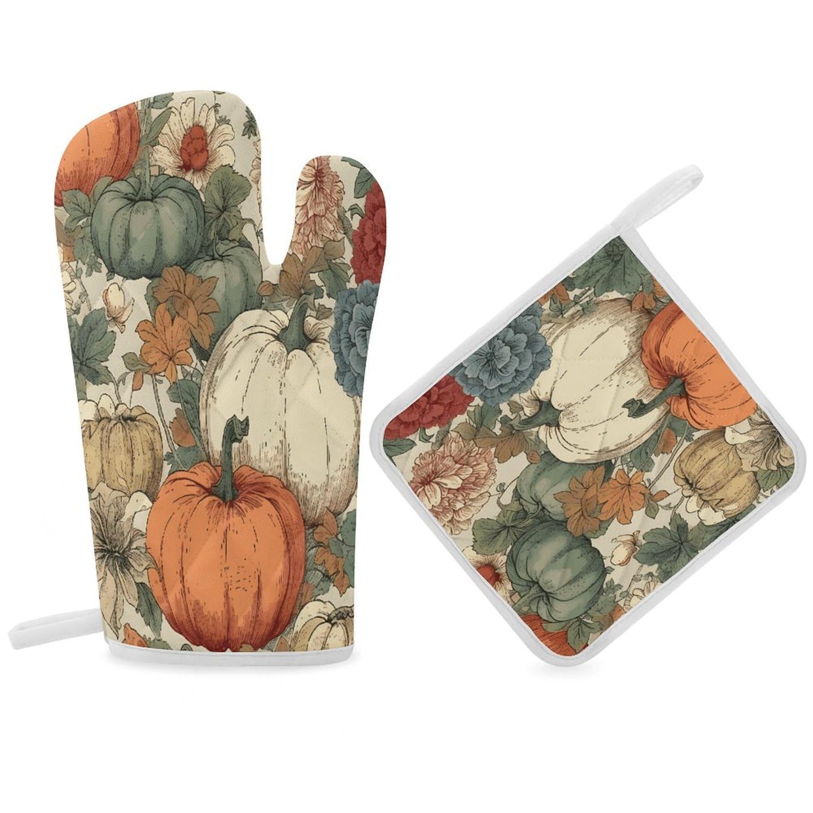 Fodpand Women's Style Drawn Autumn Pumpkin Oven Mitts And Pot Holders Sets,Oven Gloves For Kitchen Oven Mitts And Potholders For Baking Cooking Grilling Apartment Essentials