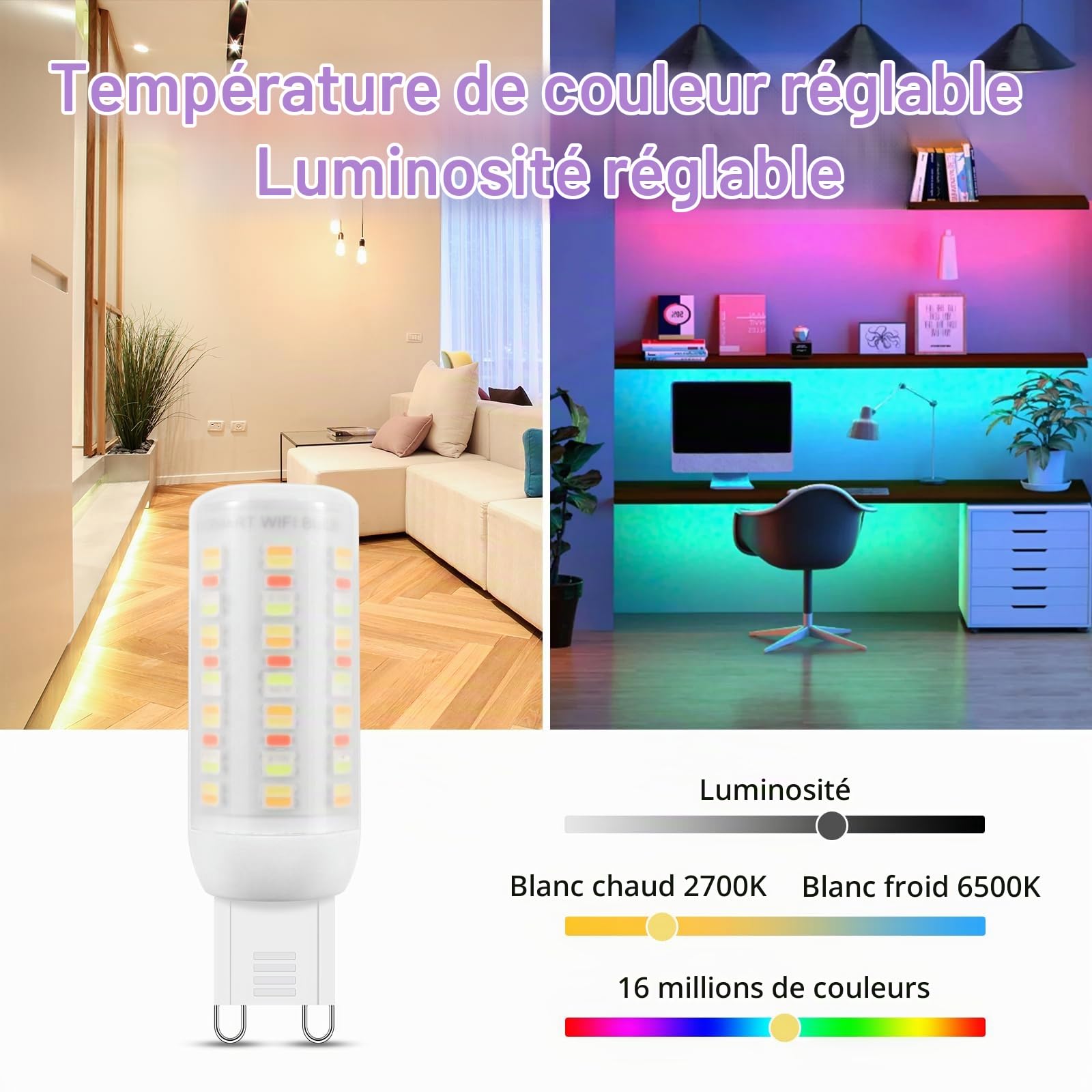 Ampoules LED Wi-Fi RGBCW Smart G9,Compatibles Alexa /Google Home,AC 220V Multicolores à Intensité Variable,2700K-6500K,Luminosité Réglable de 1% à 100%,4W,400LM, Synchronisation Musicale, Pack de 3