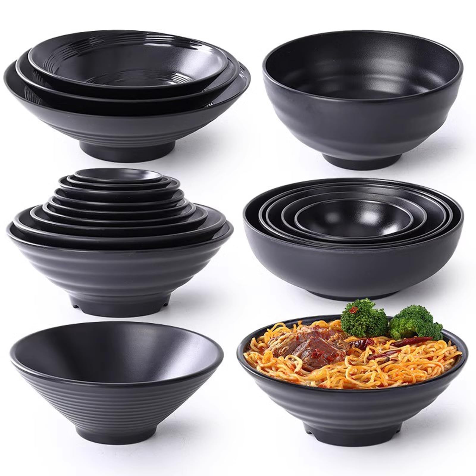 Bol de céréales Bol de vaisselle, bol à soupe en plastique, grand bol, bol spécial for nouilles, bol à surface givrée noire Bols à soupe pour la cuisine(12inch)