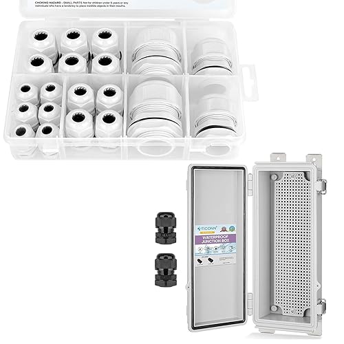TICONN Caja de conexiones eléctricas impermeable IP67 (blanco roto, 10.2 x 4.3 x 3.0 pulgadas) + 20 piezas de kit de prensaestopas impermeables IP68