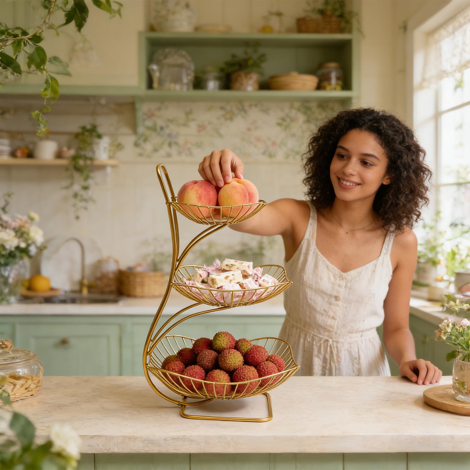 Présentoir à fruits à 3 étages en métal doré - Design moderne - Pour mariage, fête, maison, buffet, centre de table, sans montage