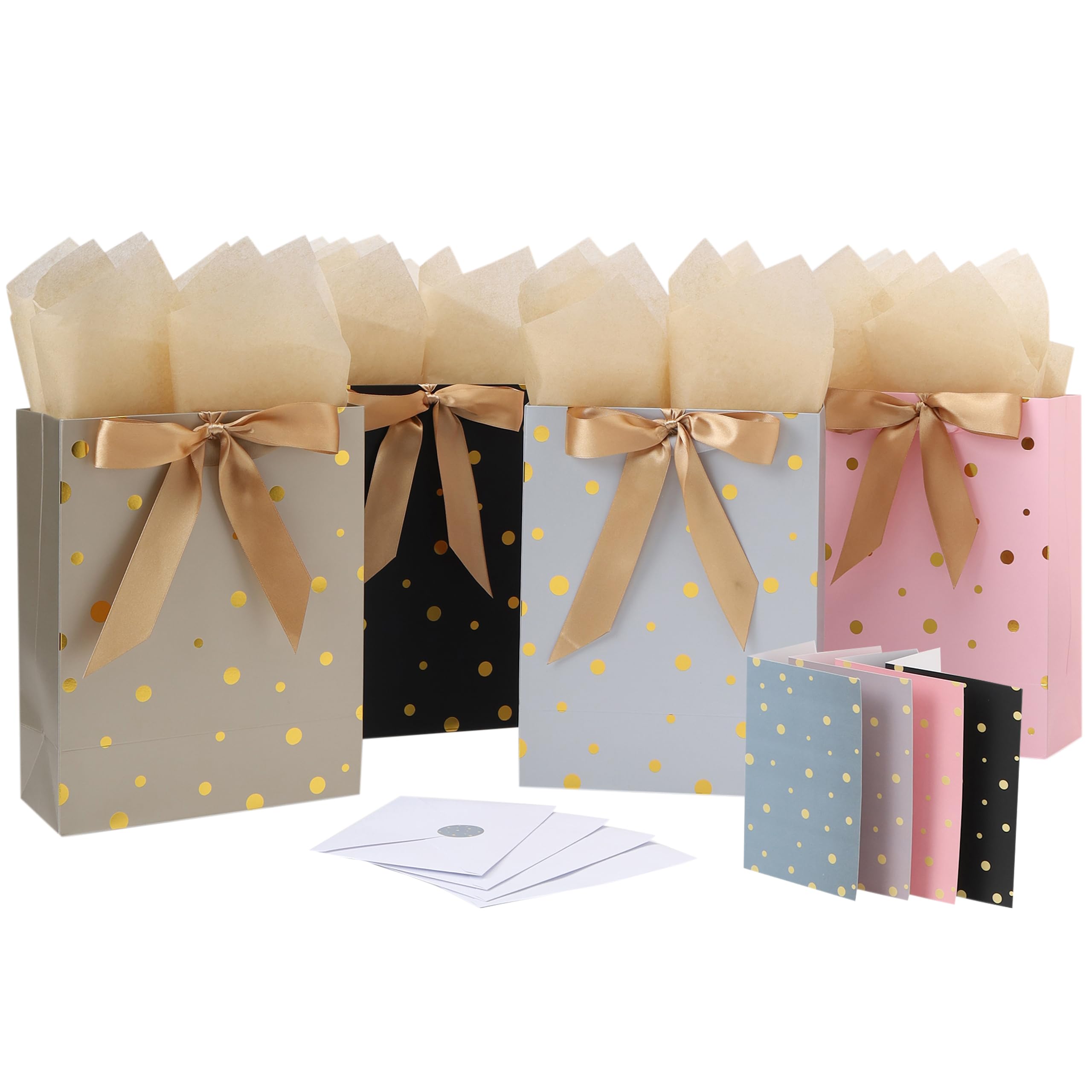 4-Pack 10.6” Medium Gift Bag Set with Handles, Greeting Card, Tissue Papers and Stickers for for Women Girls Men Boys Kids Teens for Birthday Party,