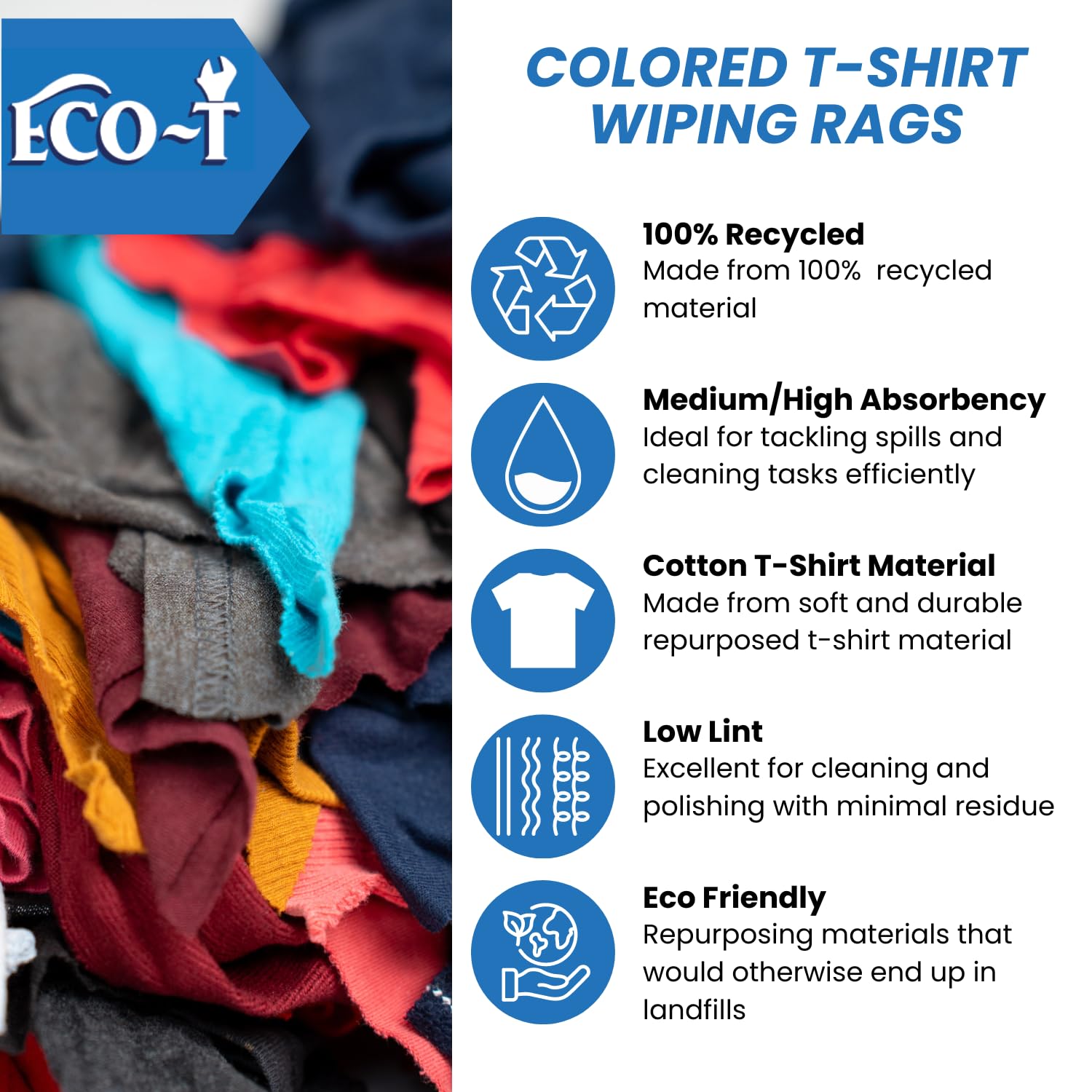 Eco-T Mechanic Rags - Panno colorato per magliette, 100% riciclato, ecologico, ad alta assorbenza, a basso costo, a basso costo, per uso industriale (24 sacchetti da 0,5 kg)