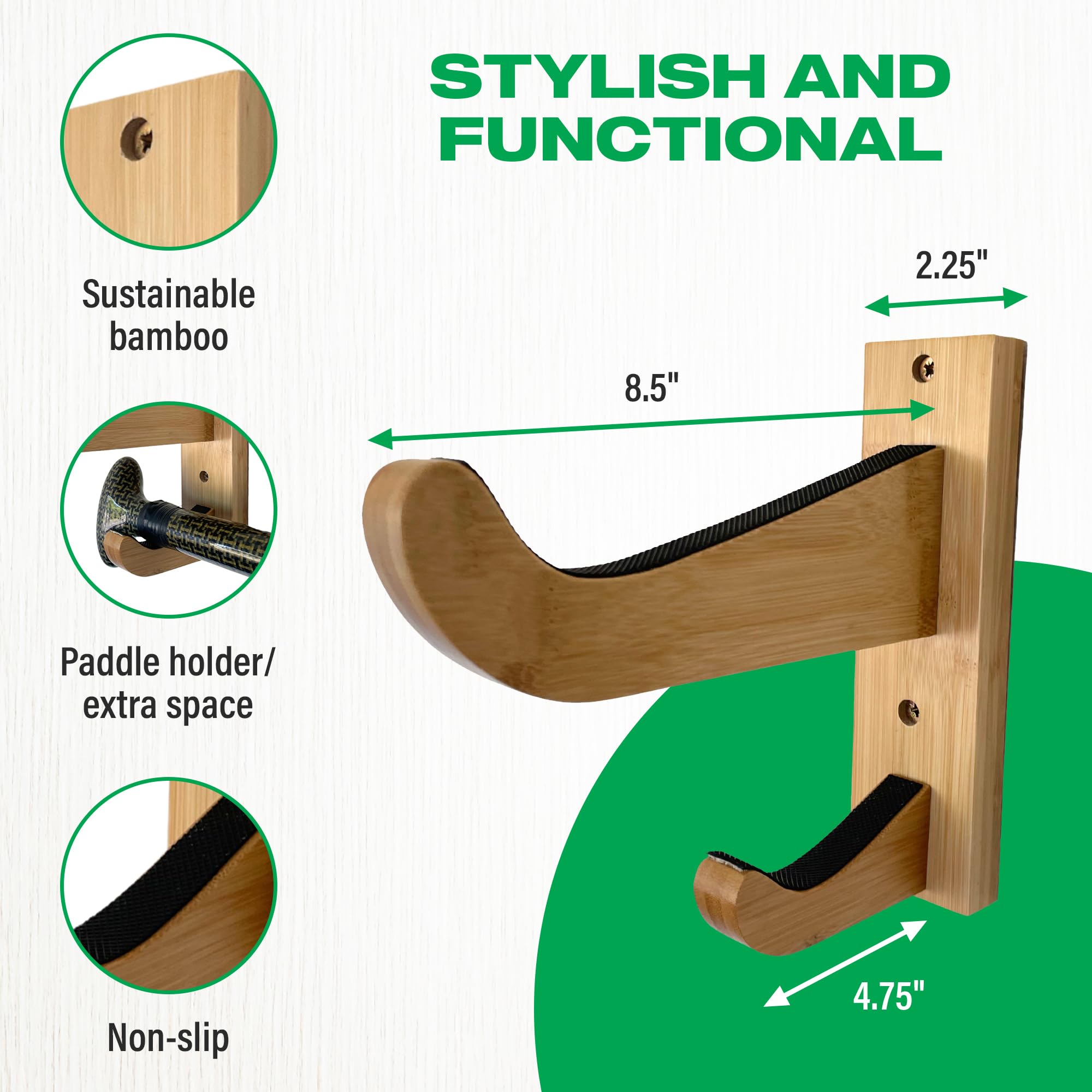 Soporte de pared para monopatín y snowboard COR Surf | Soporte de monopatín de bambú con gancho de almacenamiento adicional para casco o bolsa