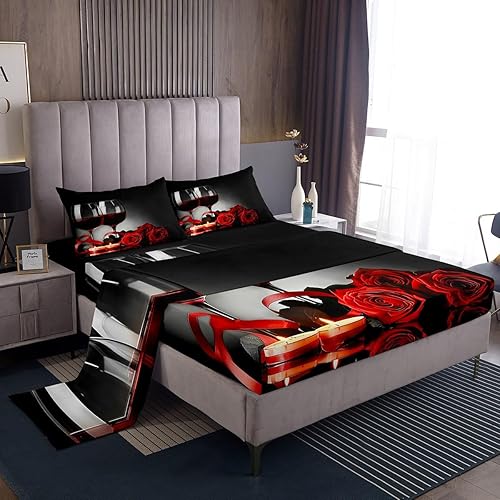 Juego de sábanas de rosas rojas, tamaño King, románticas 3D, diseño floral, para mujeres y niñas, adultos, juego de sábanas para banquetes de copa