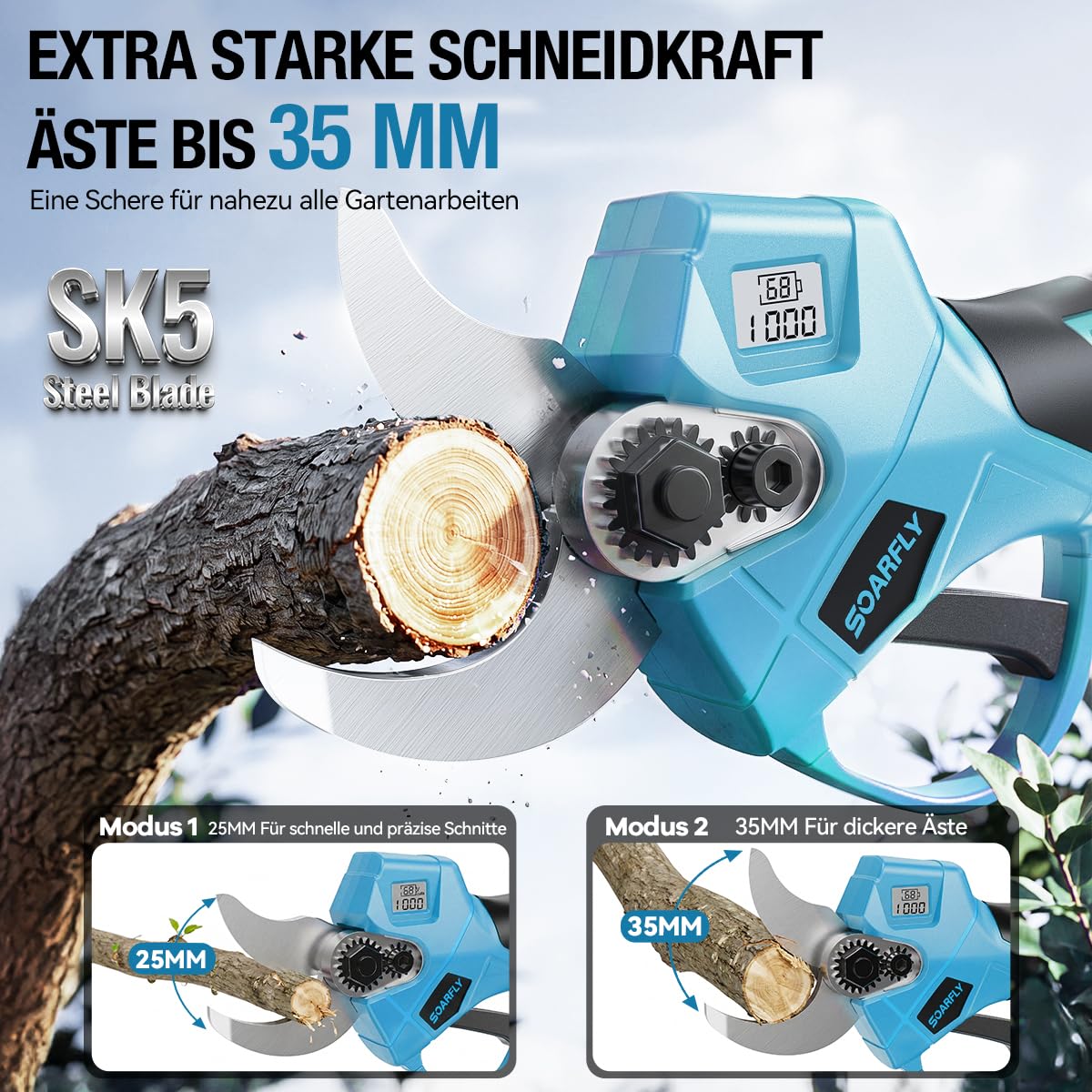SOARFLY Akku Astschere, Akku Gartenschere mit 2x2000mAh Batterien, 35mm Maximaler Schnittdurchmesser, Brushless Motor mit LCD Display und Energiesparfunktion für Garten und Obstbäume (Blau)