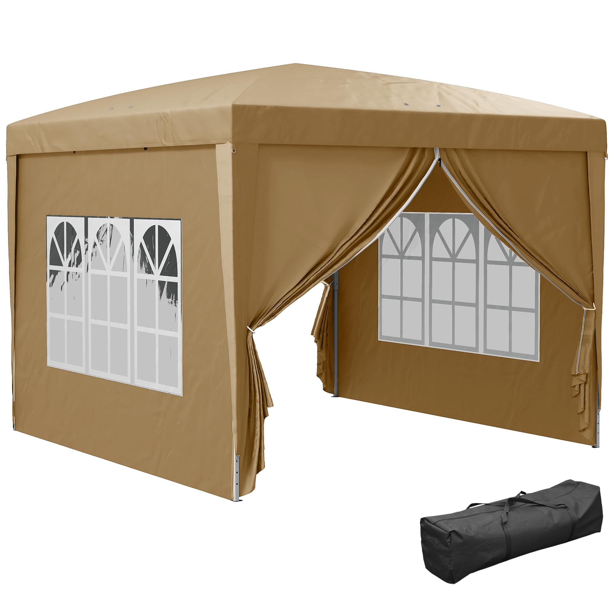 Outsunny 3 x 3 m Garden Pop Up Gazebo, Wedding Party Tent Marquee, Water Resistant Awning Canopy with Sidewalls, Windows, Carry Bag, Khaki — image 1