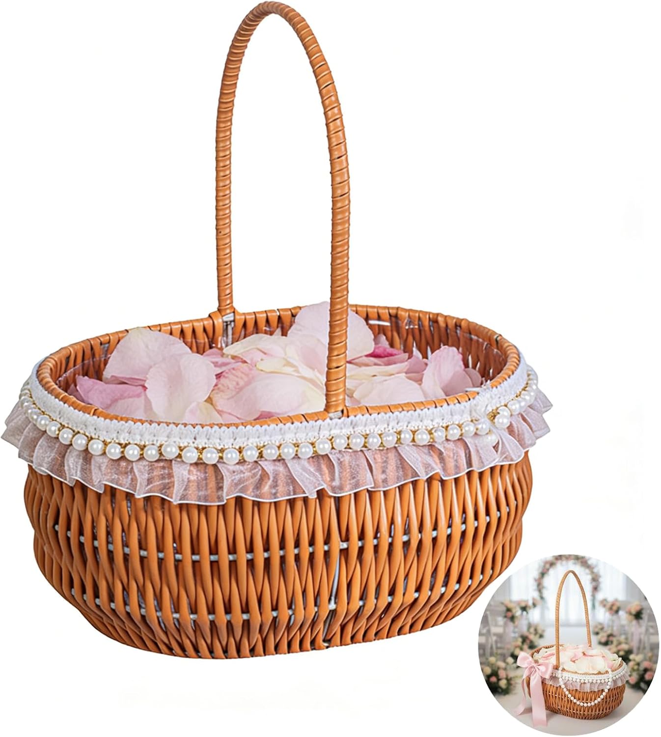 Brown Wicker Flower Girl Basket, Pearl Chain Decoration, Faux Rattan Woven Basket, 11.8X8.7X5.5In for Weddings, with Ribbon Bow, Hollow Design