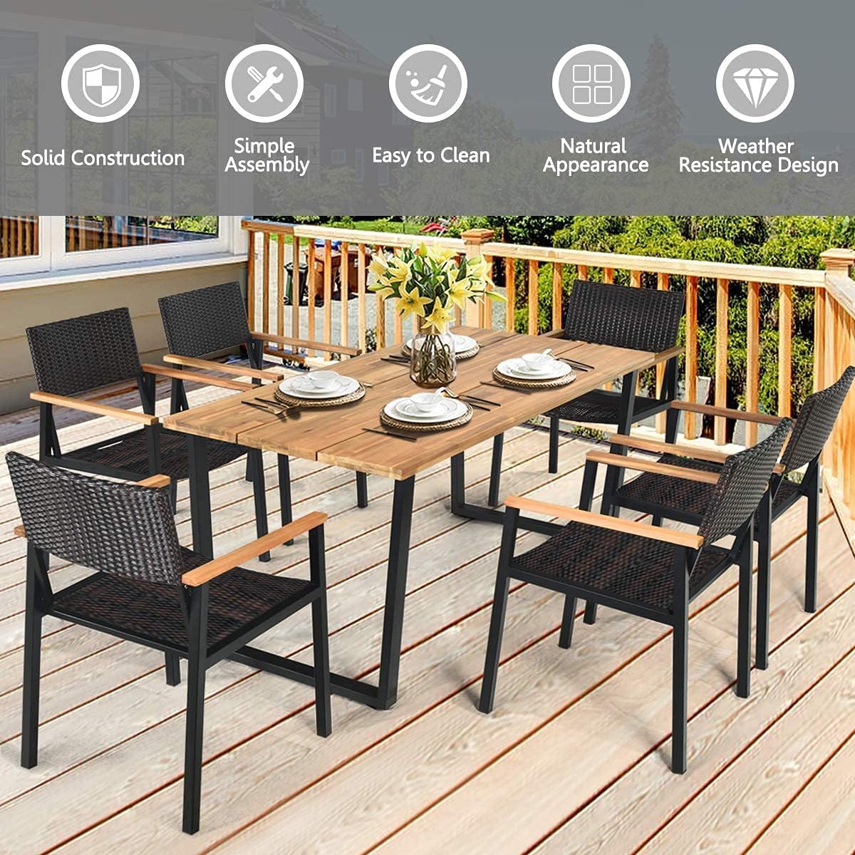 HAPPYGRILL 7 Pieces Wood Rattan Patio Dining Set, Outdoor Dining Furniture Set with Rectangle Table Wicker Chairs, Acacia Wood Tabletop with Umbrella Hole, Dining Set for Garden Backyard