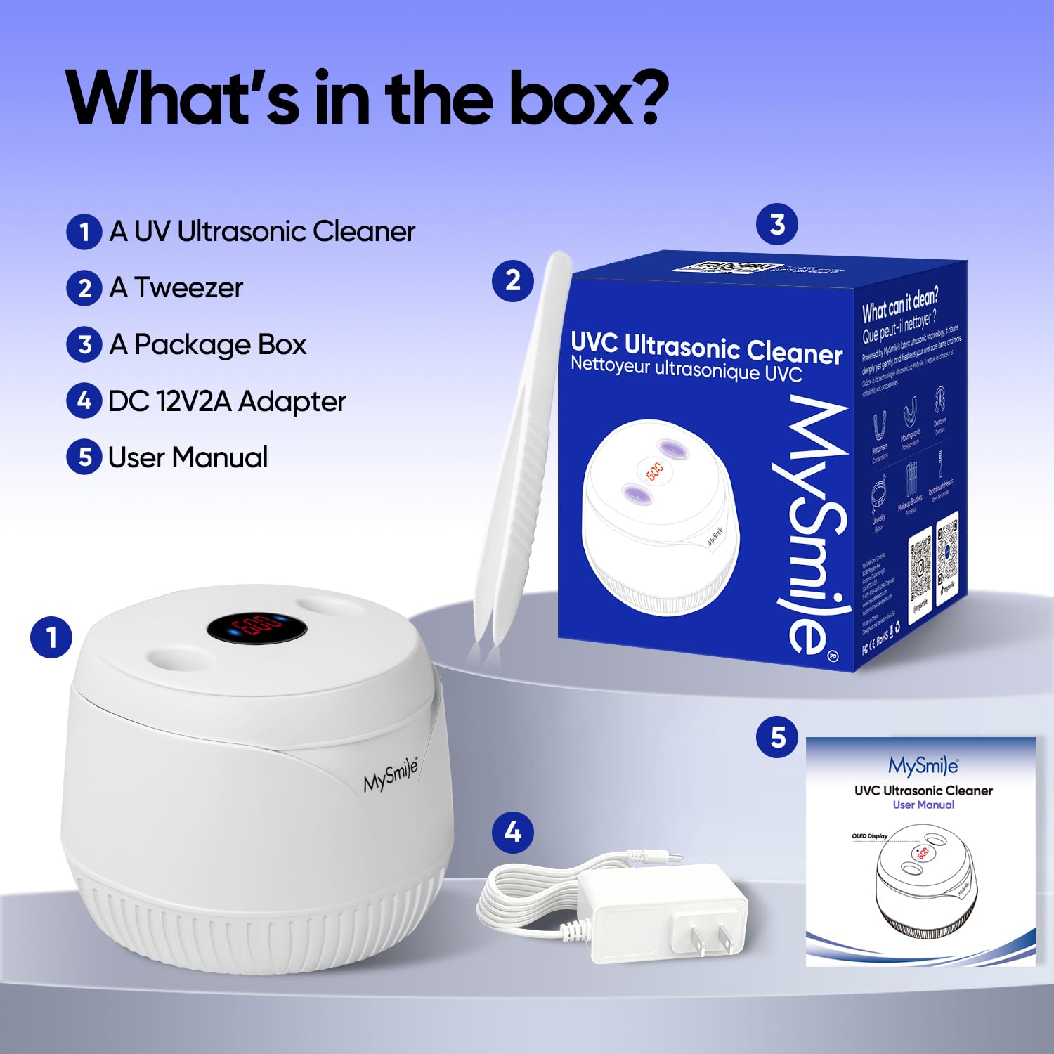 MySmile Limpiador ultrasónico de retención - Máquina limpiadora de dentaduras postizas de 45 kHz con capacidad de 200ml para alineador, protector bucal (blanco)