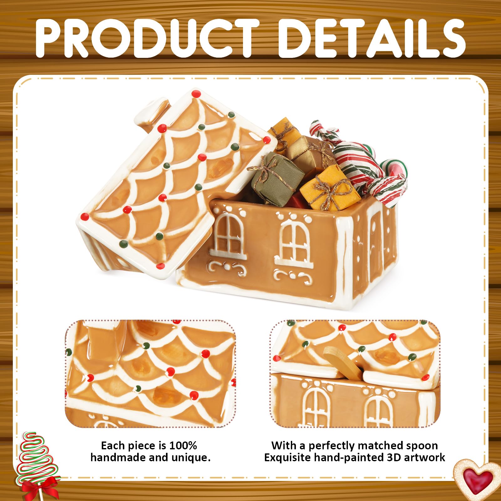 Honeydak Lebkuchenhaus-Zuckerdose aus Keramik mit 12,7 cm Löffeln, Weihnachts-Süßigkeiten-Vorratsdose mit Deckel, Backbehälter, Organizer, Urlaubsdekoration, Geschenk-Set, 10,9 x 8,9 x 10,9 cm, 4