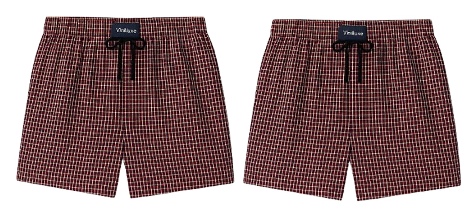 vinilluxe Men's Cotton Plaid Boxer Shorts, Red and Black Check Pattern, Pack of 2, Drawstring Waist with Side Pockets-picture-25