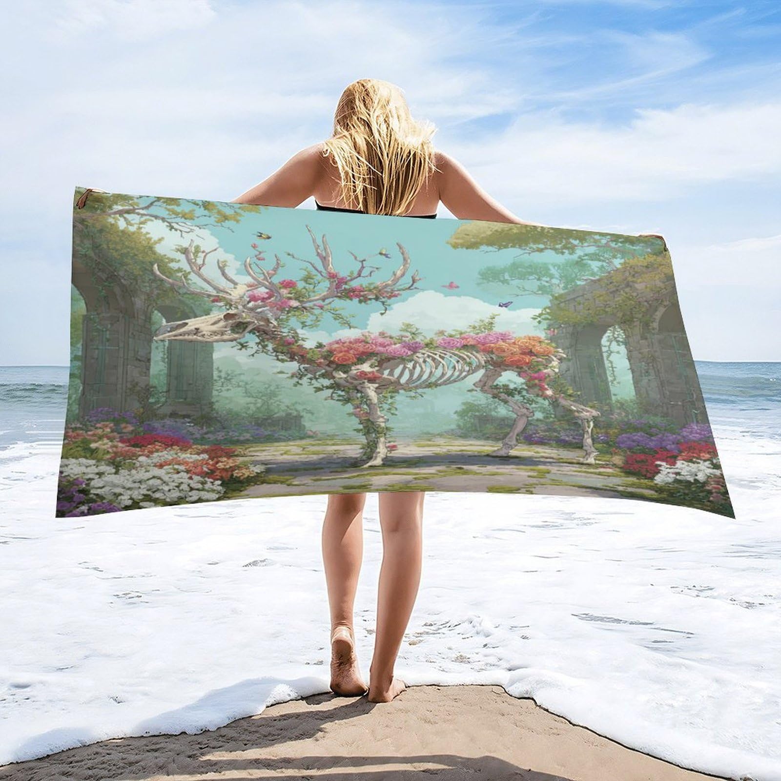 Luyysky Fantasy Romantic Deer Skull Absorbent Beach Towel, Classic Rustic Spring Garden Pink Roses Flowers Animal Elk Skeleton Outdoor Single-Sided Velvet Beach Towel-80 W Cm X 160" L Cm